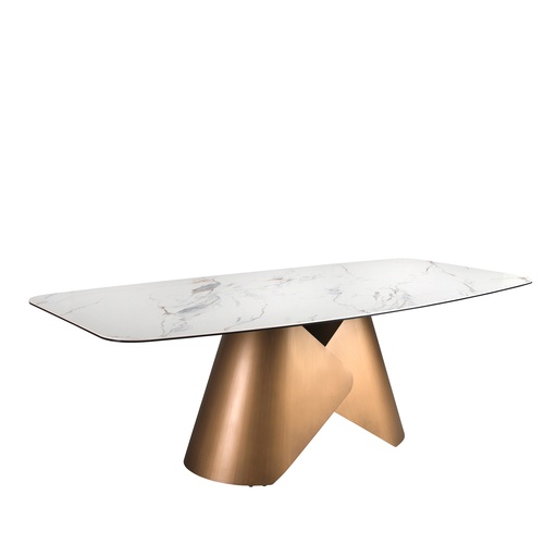 [1172] Mesa comedor ovalada barril mármol porcelánico y acero color bronce
