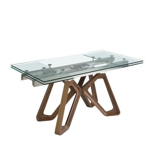 [1122] Rectangular tempered glass and walnut extending dining table