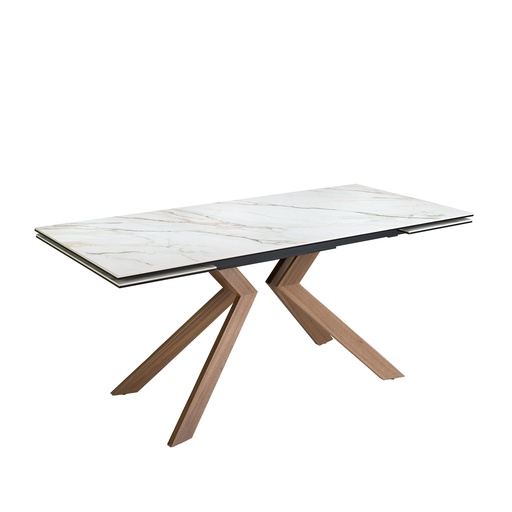 [1120] Table de salle à manger rectangulaire à rallonge en marbre porcelaine et acier effet noyer