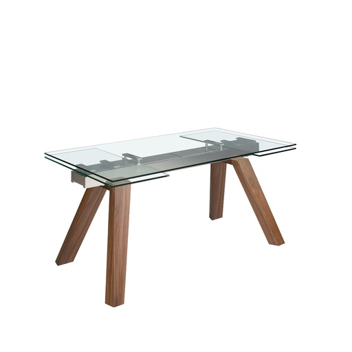 [1123] Mesa comedor extensible rectangular cristal templado y nogal