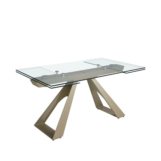 [1125] Rectangular tempered glass and champagne-coloured steel extending dining table