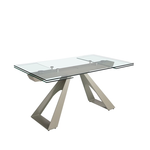 [1125] Table de salle à manger rectangulaire à rallonge en verre trempé et acier gris taupe