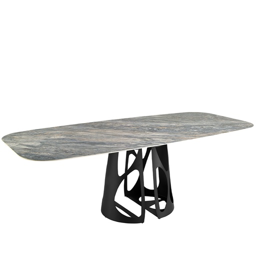 [1136] Oval Barrel porcelain marble and black steel dining table