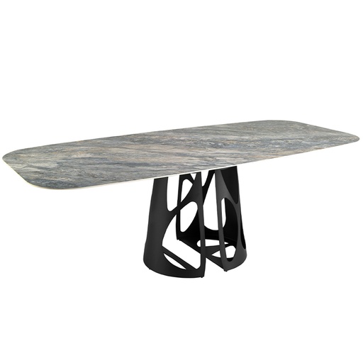 [1136] Oval Barrel porcelain marble and black steel dining table