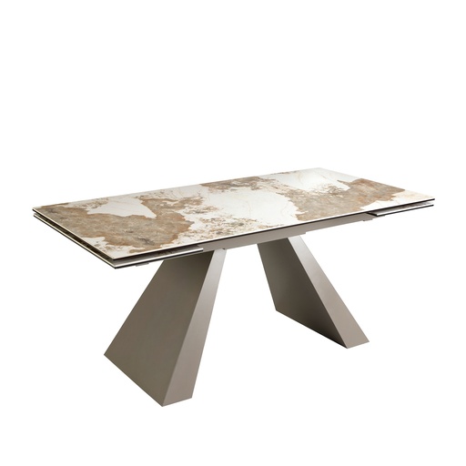 [1124] Rectangular porcelain marble and champagne-coloured steel extending dining table