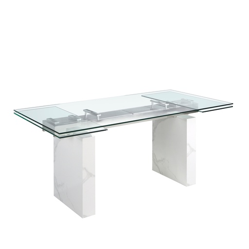 [1112] Mesa comedor extensible rectangular cristal templado, mármol porcelánico