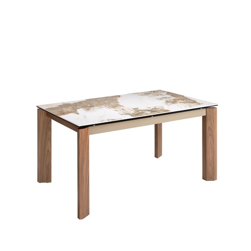 [1118] Mesa comedor extensible rectangular mármol porcelánico y nogal