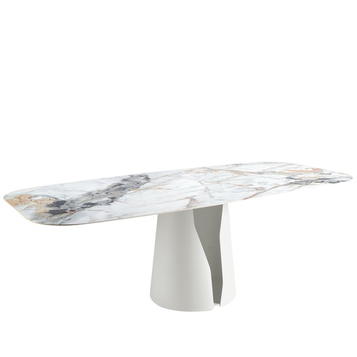 [1135] Mesa comedor ovalada barril mármol porcelánico y acero blanco