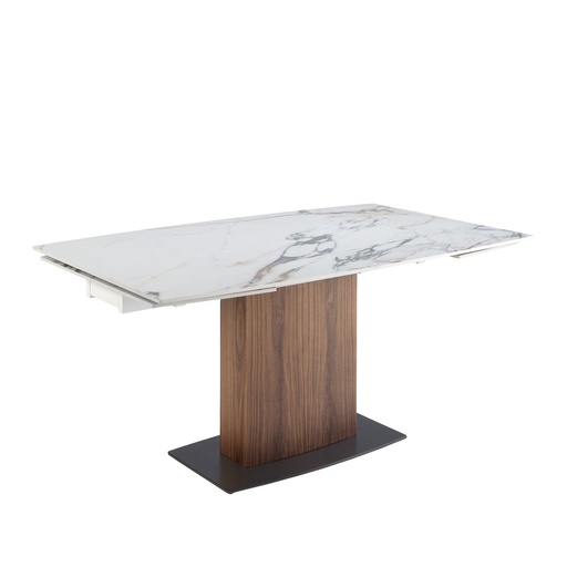 [1133] Mesa de jantar extensível barril oval mármore porcelânico e nogueira