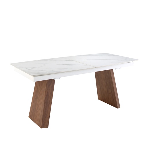 [1134] Mesa de jantar extensível barril oval mármore porcelânico e nogueira