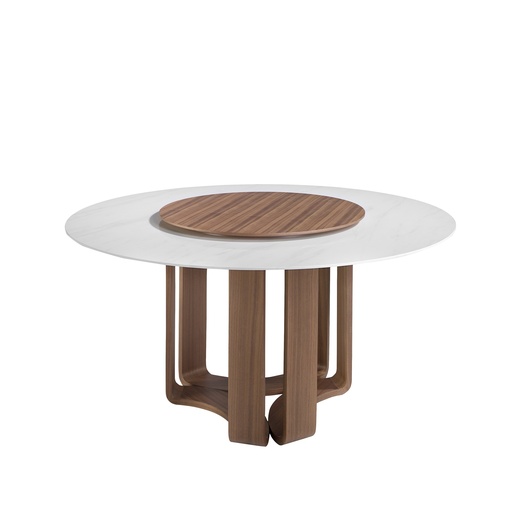 [1137] Round porcelain marble and walnut dining table