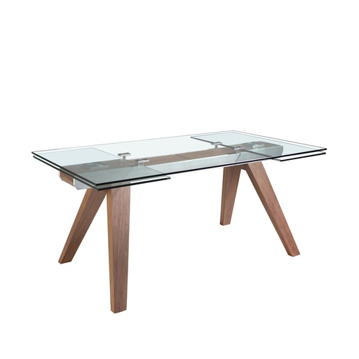 [1131] Mesa comedor extensible rectangular cristal templado y nogal