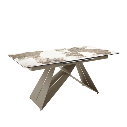 [1114] Rectangular porcelain marble and champagne-coloured steel extending dining table