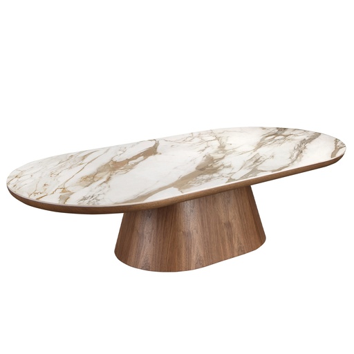 [2160] Mesa centro ovalada medio punto mármol porcelánico y nogal
