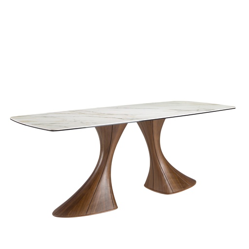 [1174] Table de salle à manger ovale en forme de tonneau, marbre en porcelaine et noyer