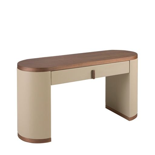 [7220] Scrittoio-toeletta in ecopelle, noce e legno rivestito in ecopelle color visone