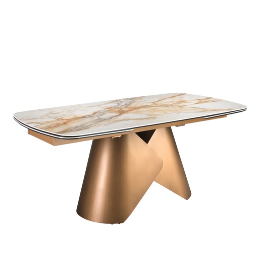 [1176] Mesa de jantar extensível oval em forma de barril em mármore porcelânico e estrutura em aço cor bronze