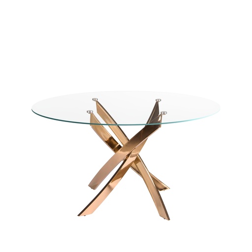 [1169-Ø130] Ronde eettafel van gehard glas en roze staal