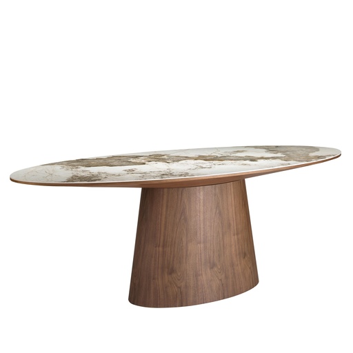 [1177] Owalny stół jadalniany z porcelanowego marmuru i orzecha