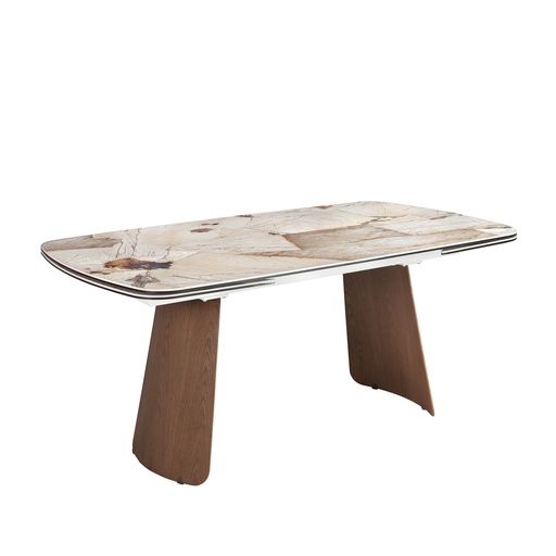 [1186] Mesa de jantar extensível ovalada em porcelanato mármore e nogueira