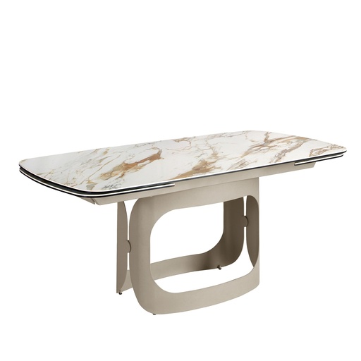 [1188] Uitschuifbare ovale eettafel met voet van porseleinen marmer en gemetalliseerd zandstaal