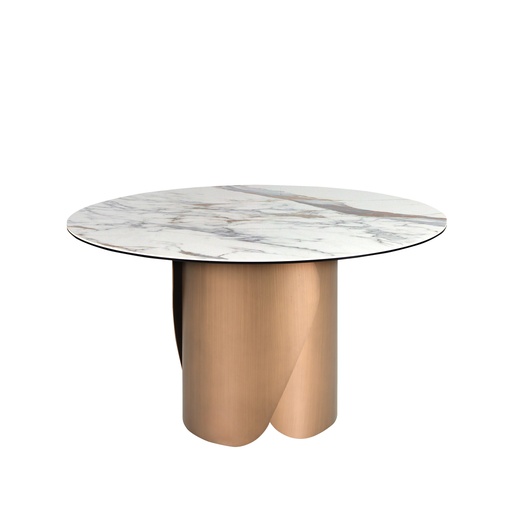 [1182] Table de salle à manger ronde en marbre porcelanique et acier coloris bronze