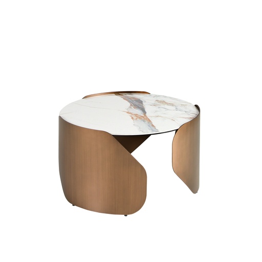 [2162] Mesa de centro redonda em porcelanato e aço cor bronze
