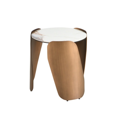 [2163] Round corner table in porcelain marble and bronze-coloured steel