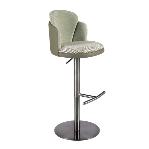 [4233] Tabouret pivotant en tissu vert foncé et blanc et similicuir vert olive