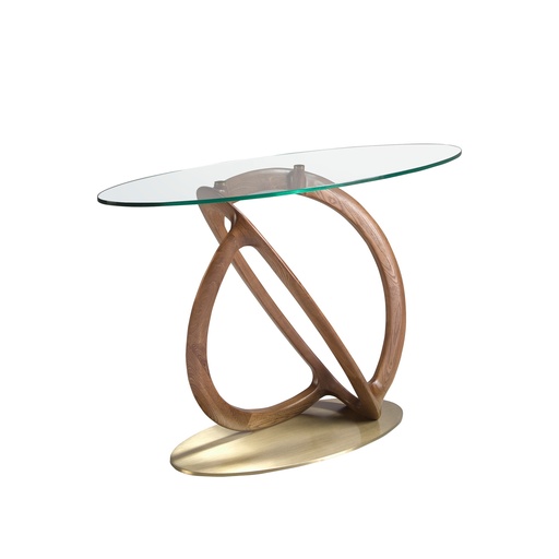 [3246] Oval console oval tempered glass, walnut and golden polished steel