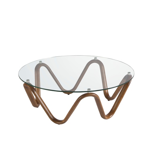 [2124] Round tempered glass and walnut round coffee table