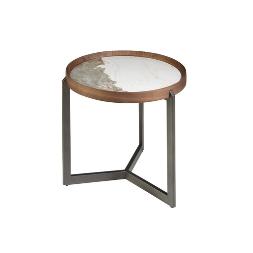 [2130] Table basse ronde en marbre porcelaine, noyer et acier métallique foncé