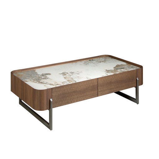 [2131] Rectangular coffee table in porcelain marble, walnut and dark metallic steel