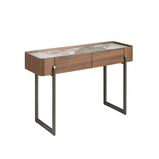 [3254] Rectangular porcelain marble, walnut and dark metallic steel console table