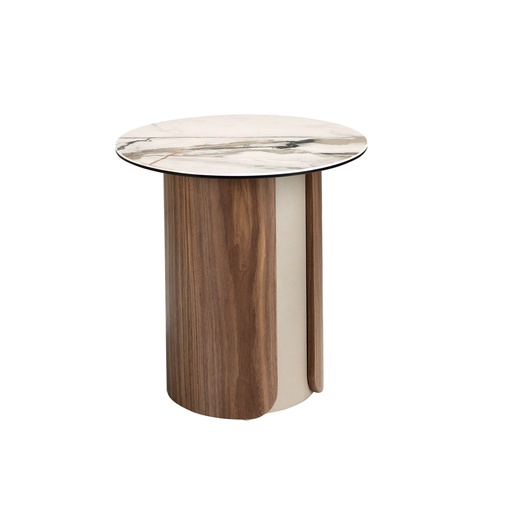 [2166] Round corner table in porcelain marble, metallic sand steel and walnut