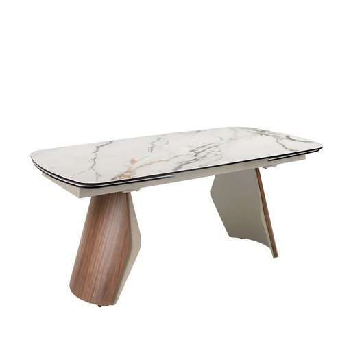 [1193] Oval barrel-shaped extendable dining table with porcelain marble top, metallic sand-coloured steel and walnut wood