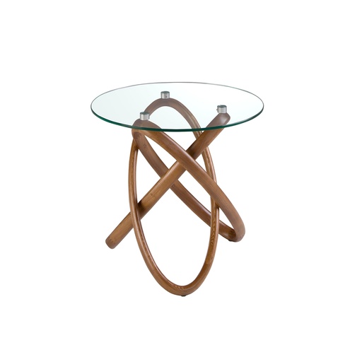 [2126] Ronde hoektafel van gehard glas en walnoot