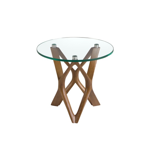 [2127] Round tempered glass and walnut corner table