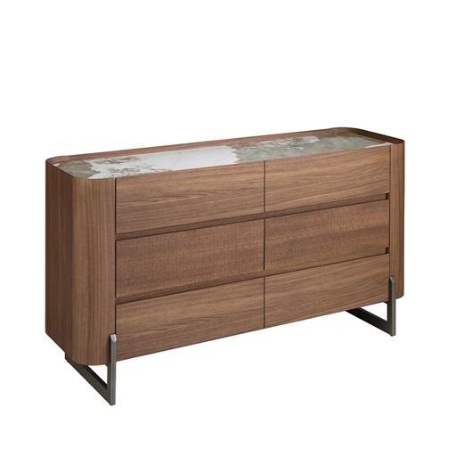 [7151] Chest of drawers walnut and metallic dark steel with porcelain marble top