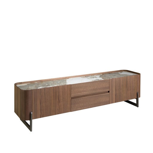 [3250] Stojak na telewizor z orzecha włoskiego i metalicznej ciemnej stali z porcelanowym marmurowym blatem