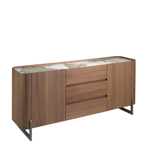 [3252] Walnut and dark metallised steel sideboard with porcelain marble top