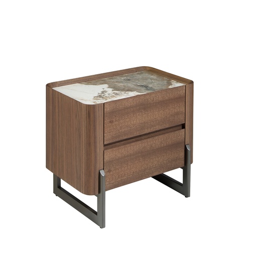 [7152] Walnut and metallised dark steel bedside table with porcelain marble top