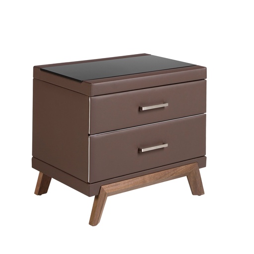 [7162] Leatherette bedside table, walnut with black glass top