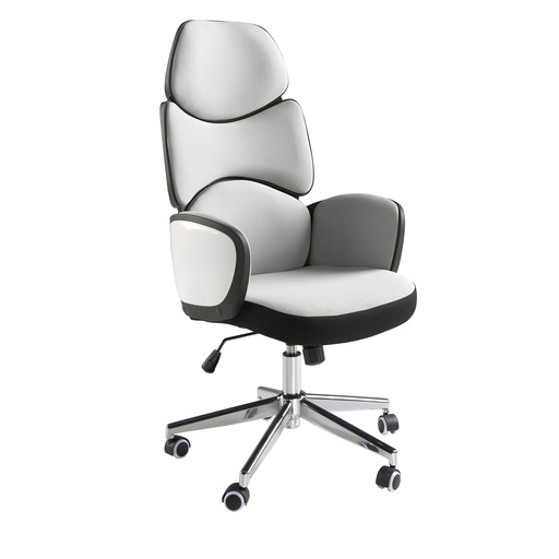 [4142] Fauteuil de bureau pivotant tissu gris clair et pvc blanc brillant