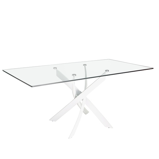 [1138-140x95] Mesa comedor rectangular cristal templado y acero blanco