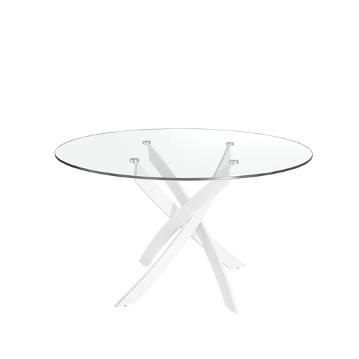 [1138-Ø110] Table à manger ronde verre trempé et acier blanc