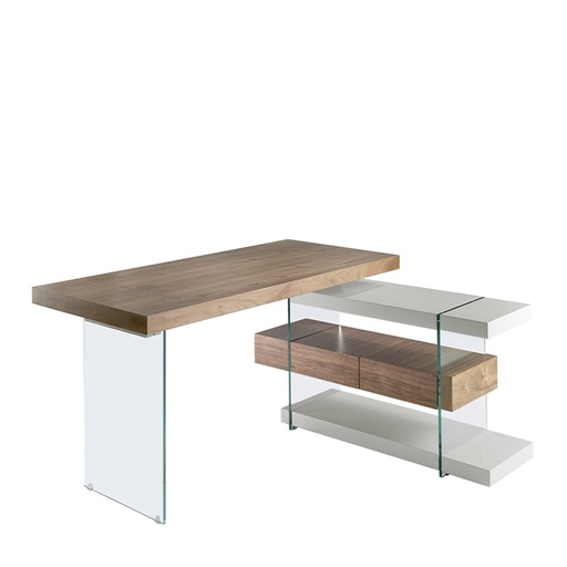 [3003] Bureau en bois gris et verre trempé avec plateau en noyer