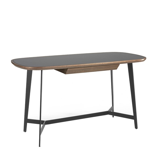 [3137] Writing desk walnut and black steel with black glass top