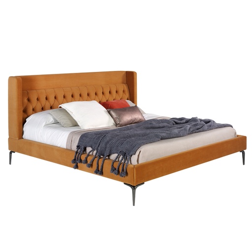 [7124] Mustard-coloured velvet tufted bed