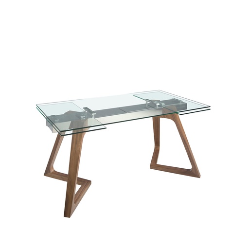 [1115] Rectangular tempered glass and walnut extending dining table